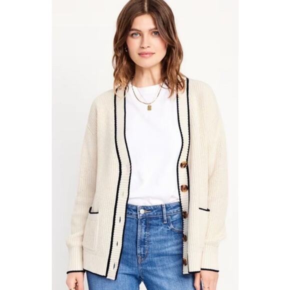 Old Navy Cream Navy Relaxed Academia Cardigan Sweater Sz Large L - Picture 1 of 9